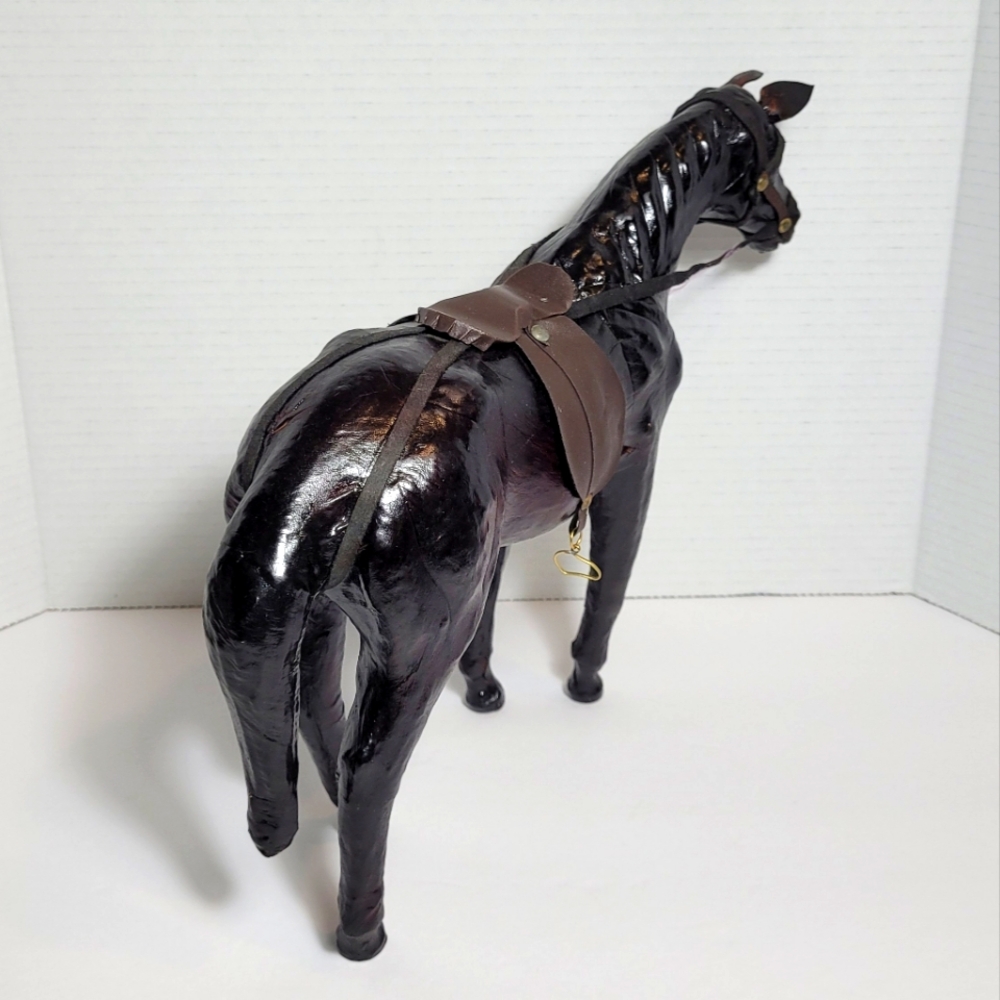 Vintage Brown Leather Wrapped Horse Statue Figure With Saddle - Picture 5 of 12